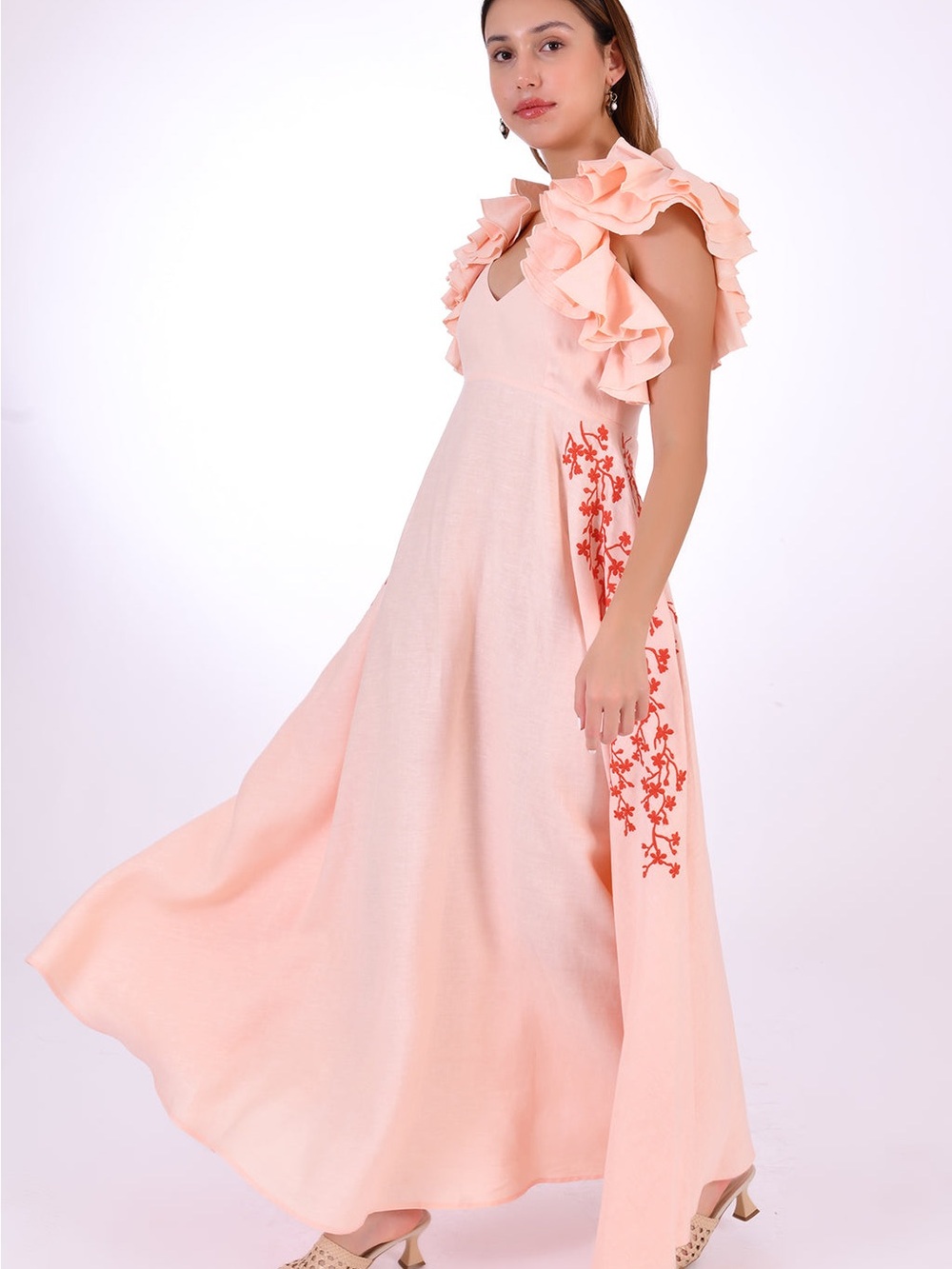 Fanm Mon Essen Maxi Dress Peach Ruffle Embroidered Cotton Tie Back Size L NWT